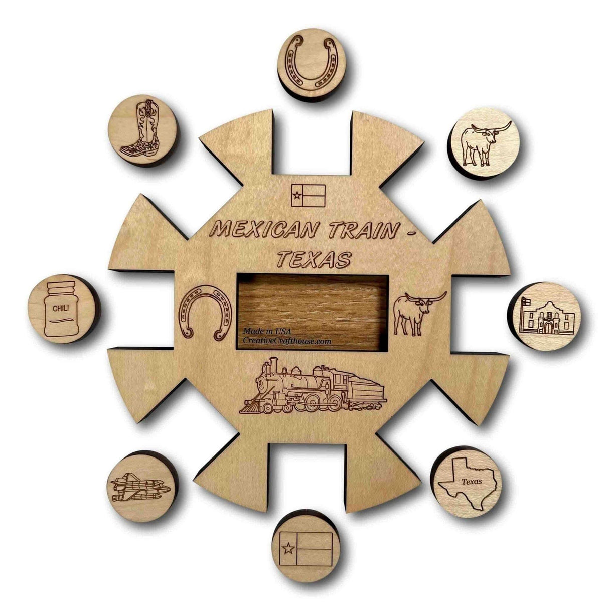 Mexican Train *Texas Edition* Hub and Tokens wooden domino game - Creative Crafthouse