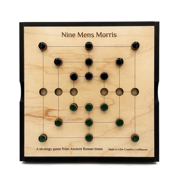 Nine Men's Morris (Mills) wooden two-player strategy board game by Creative Crafthouse, shown on a white background
