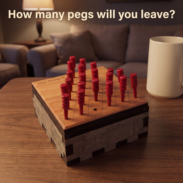 Peg Jump 6 at the start, 20 red pegs and one empty hole, on a walnut coffee table in lamplight. Headline: How many pegs will you leave?