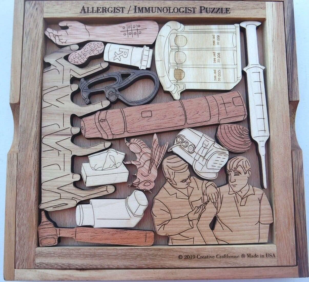 Handcrafted wooden allergist and immunologist puzzle with intricate laser-cut medical symbols, ideal as a personalized gift or office decor.