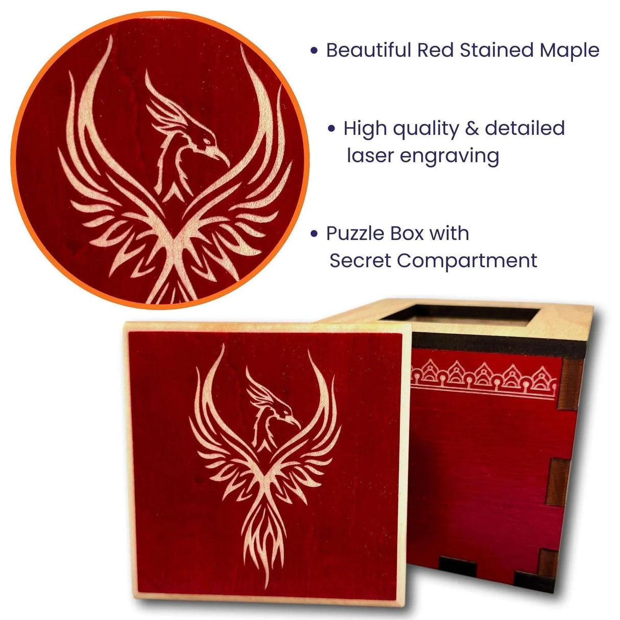 Personalized Firebird Secret Stash Puzzle Box | Handcrafted Wooden Brain Teaser with Hidden Compartment, Custom Laser Engraved Gift - Creative Crafthouse