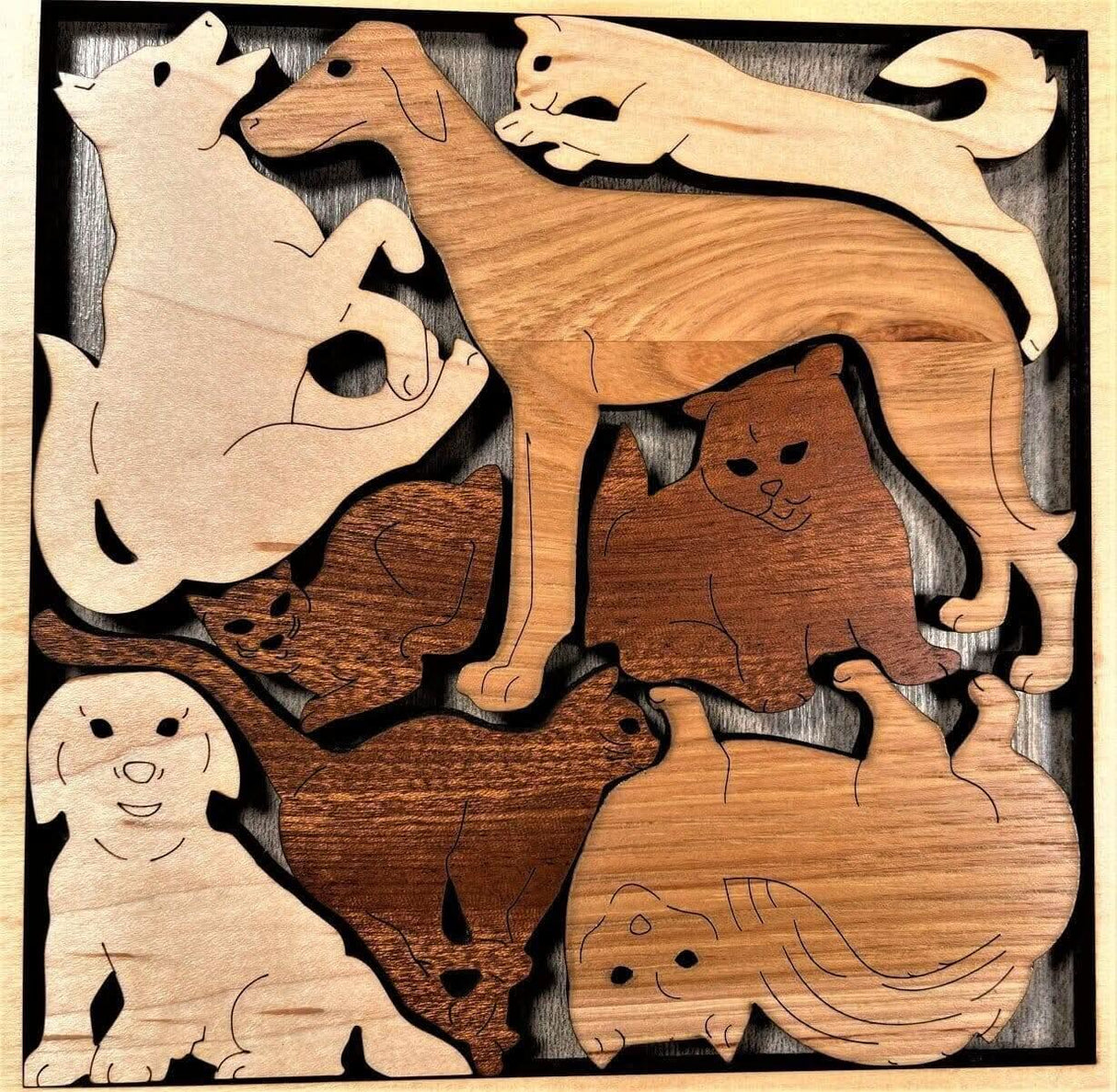 Personalized Gift for Dog & Cat Lovers - Customize With Laser Engraved Name and Message - Cats and Dogs Roundup Wood Puzzle - Handmade - Creative Crafthouse