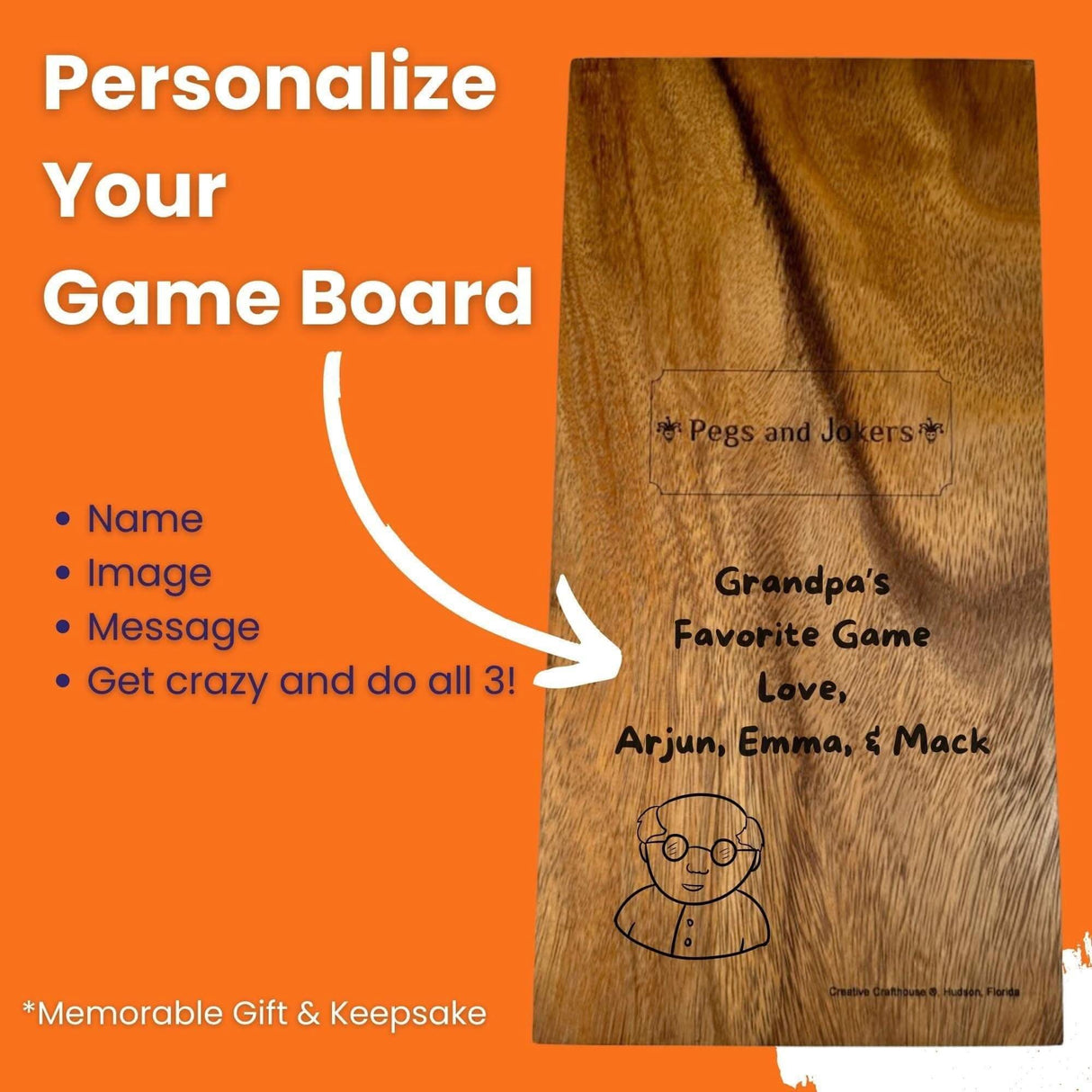 Personalized Pegs and Jokers Wooden Game - Classic Family Game Night, Perfect Holiday Gift, Custom Engraved Board - Creative Crafthouse