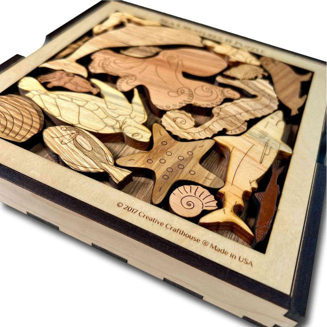 Sea Creatures II Puzzle wood brain teaser – artistic and challenging - can be personalized - Creative Crafthouse