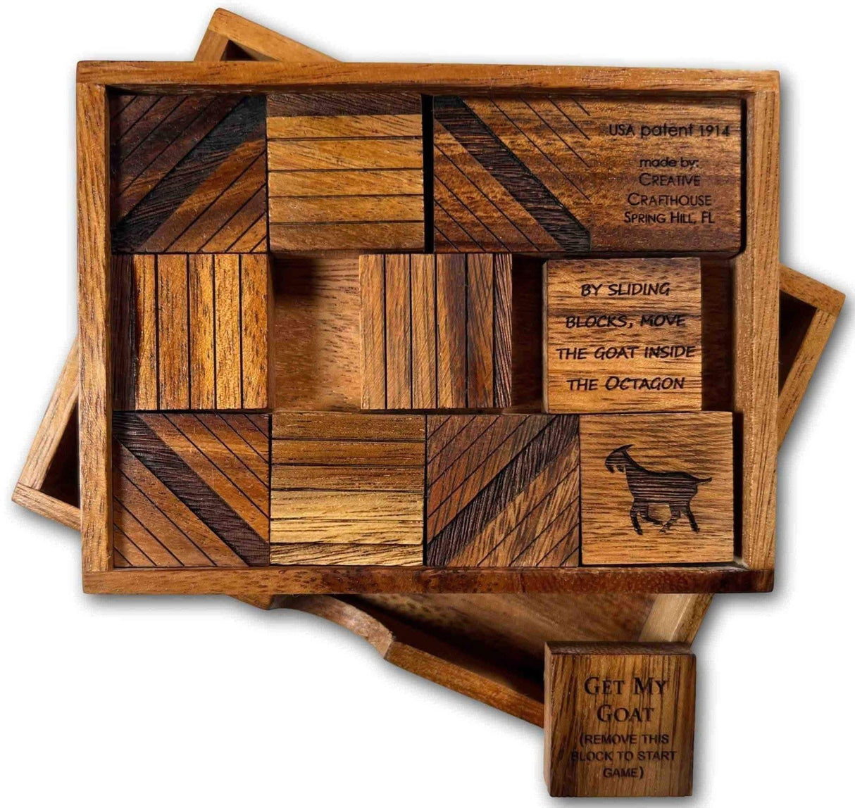 Sliding Puzzle - Get my Goat - Classic Wooden Puzzle - Popular Sliding Block Brain Teaser for Puzzle Lovers - Creative Crafthouse