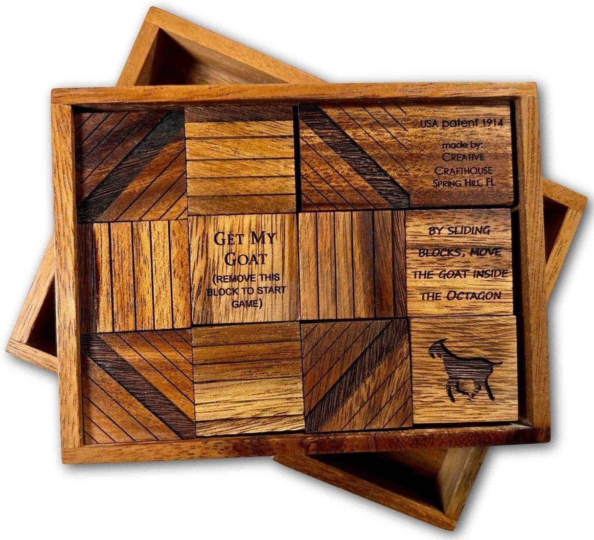 Sliding Puzzle - Get my Goat - Classic Wooden Puzzle - Popular Sliding Block Brain Teaser for Puzzle Lovers - Creative Crafthouse