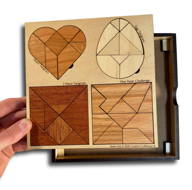 Tangram Challenge Plus Wooden Puzzle – 4 - in - 1 Brain Teaser Set with Classic Tangrams - Creative Crafthouse