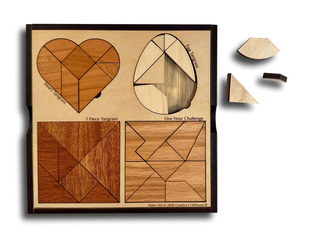 Tangram Challenge Plus Wooden Puzzle – 4 - in - 1 Brain Teaser Set with Classic Tangrams - Creative Crafthouse