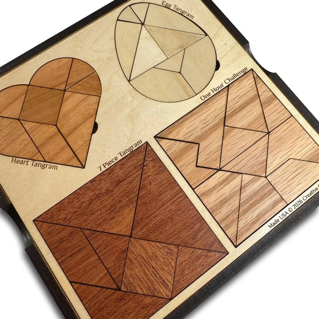 Tangram Challenge Plus Wooden Puzzle – 4 - in - 1 Brain Teaser Set with Classic Tangrams - Creative Crafthouse