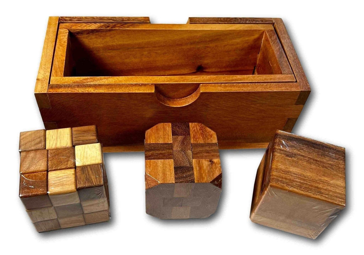 Three Wood Puzzles Christmas Gift Set for Teens, Snake puzzle Cube, Diamond Cube, & Soma Cube Brain Teaser - Creative Crafthouse