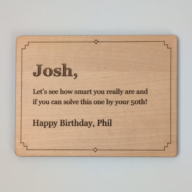 Wood Message Card by Creative Crafthouse, a 4 by 3 inch Baltic birch card laser engraved with an example 50th birthday message inside a thin border