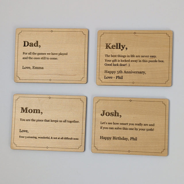 Four example Wood Message Cards laser engraved in Baltic birch, each with a different message for a mom, a dad, a 50th birthday and a 5th anniversary