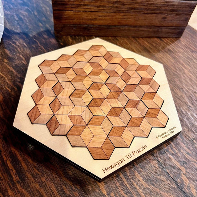 Wooden Puzzle Gift for Kids - Hexagon 10 Wooden Brain Teaser - 20 Different Solutions & 10 Different Puzzle Pieces | Creative Crafthouse - Creative Crafthouse