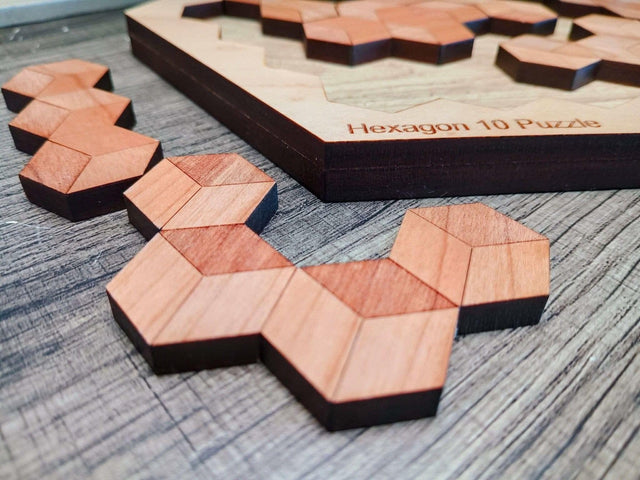 Wooden Puzzle Gift for Kids - Hexagon 10 Wooden Brain Teaser - 20 Different Solutions & 10 Different Puzzle Pieces | Creative Crafthouse - Creative Crafthouse