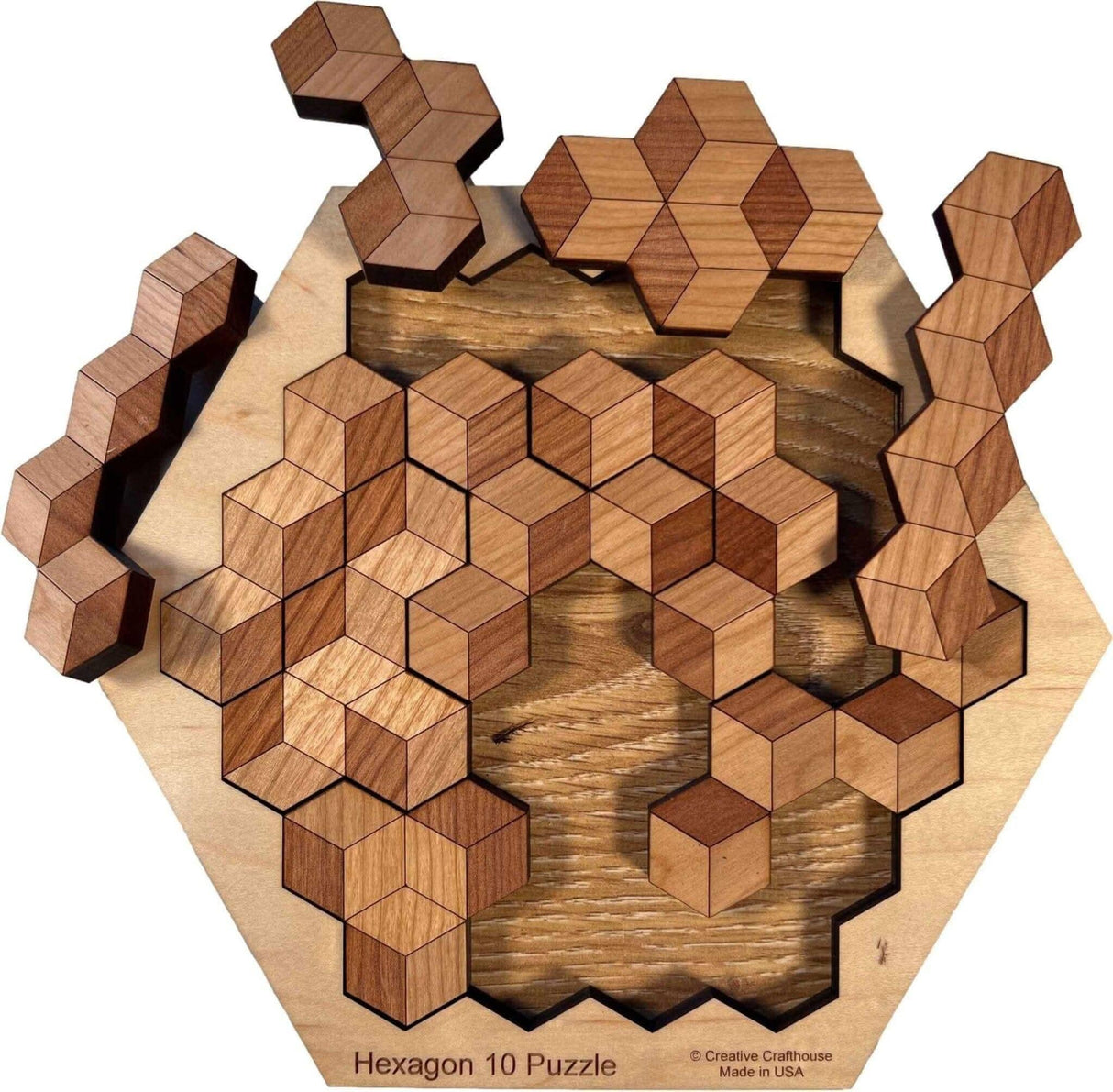 Wooden Puzzle Gift for Kids - Hexagon 10 Wooden Brain Teaser - 20 Different Solutions & 10 Different Puzzle Pieces | Creative Crafthouse - Creative Crafthouse