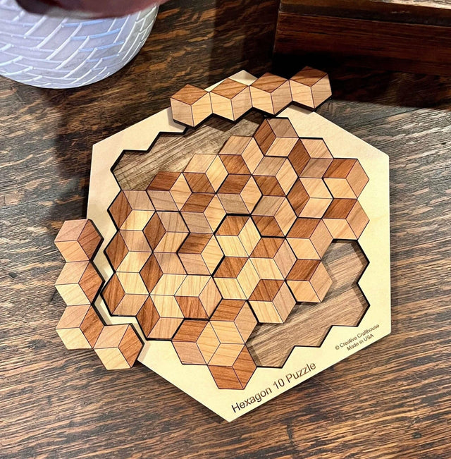 Wooden Puzzle Gift for Kids - Hexagon 10 Wooden Brain Teaser - 20 Different Solutions & 10 Different Puzzle Pieces | Creative Crafthouse - Creative Crafthouse