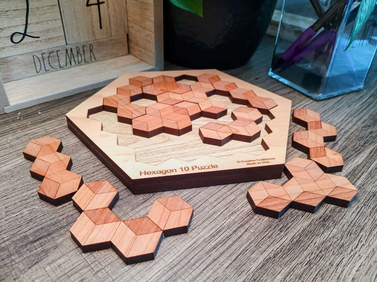 Wooden Puzzle Gift for Kids - Hexagon 10 Wooden Brain Teaser - 20 Different Solutions & 10 Different Puzzle Pieces | Creative Crafthouse - Creative Crafthouse