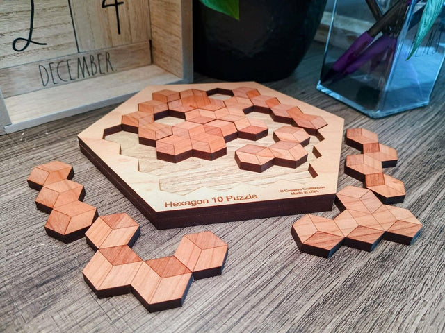 Wooden Puzzle Gift for Kids - Hexagon 10 Wooden Brain Teaser - 20 Different Solutions & 10 Different Puzzle Pieces | Creative Crafthouse - Creative Crafthouse