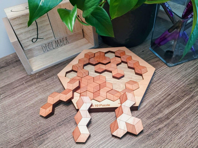Wooden Puzzle Gift for Kids - Hexagon 10 Wooden Brain Teaser - 20 Different Solutions & 10 Different Puzzle Pieces | Creative Crafthouse - Creative Crafthouse