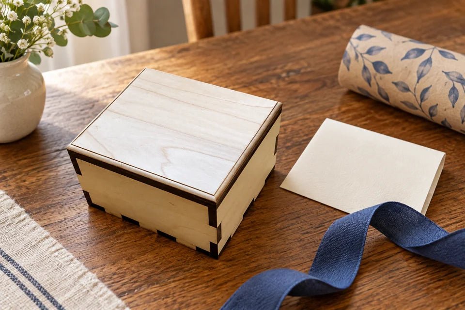 Plain closed Hurricane Puzzle Box beside a folded blank card, blue ribbon and wrapping on a home table