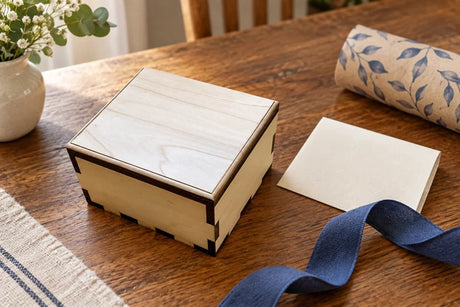 Plain closed Hurricane Puzzle Box beside a folded blank card, blue ribbon and wrapping on a home table
