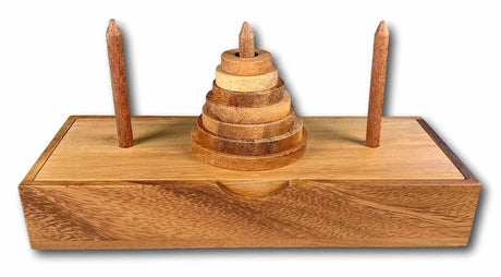 Creative Crafthouse Tower of Hanoi with wooden rings stacked on the centre peg of a three-peg box