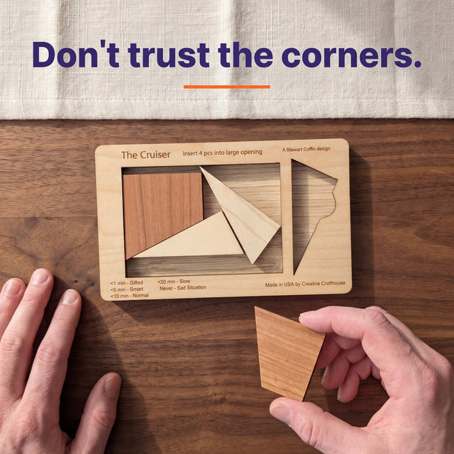 Hands at a walnut table holding the last Cruiser piece above the partly filled board, with the headline Don't trust the corners.