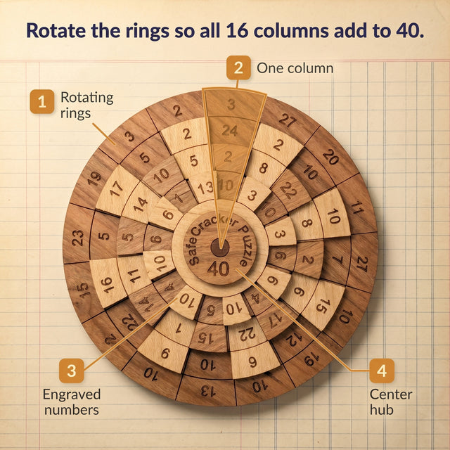 How it works, rotate the rings so all 16 columns each add to 40, one column highlighted