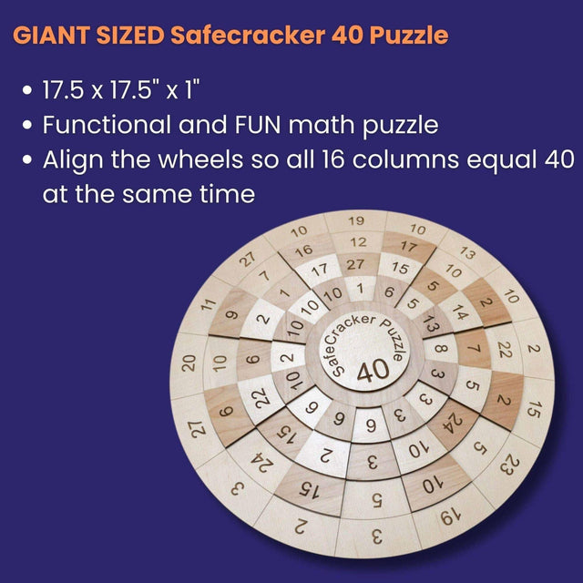 17.5" x 17.5" Giant Game Room Puzzle - Wooden Math Puzzle - A Handmade Brain Teaser Show Piece - Jumbo SafeCracker 40 Number Puzzle - Creative Crafthouse