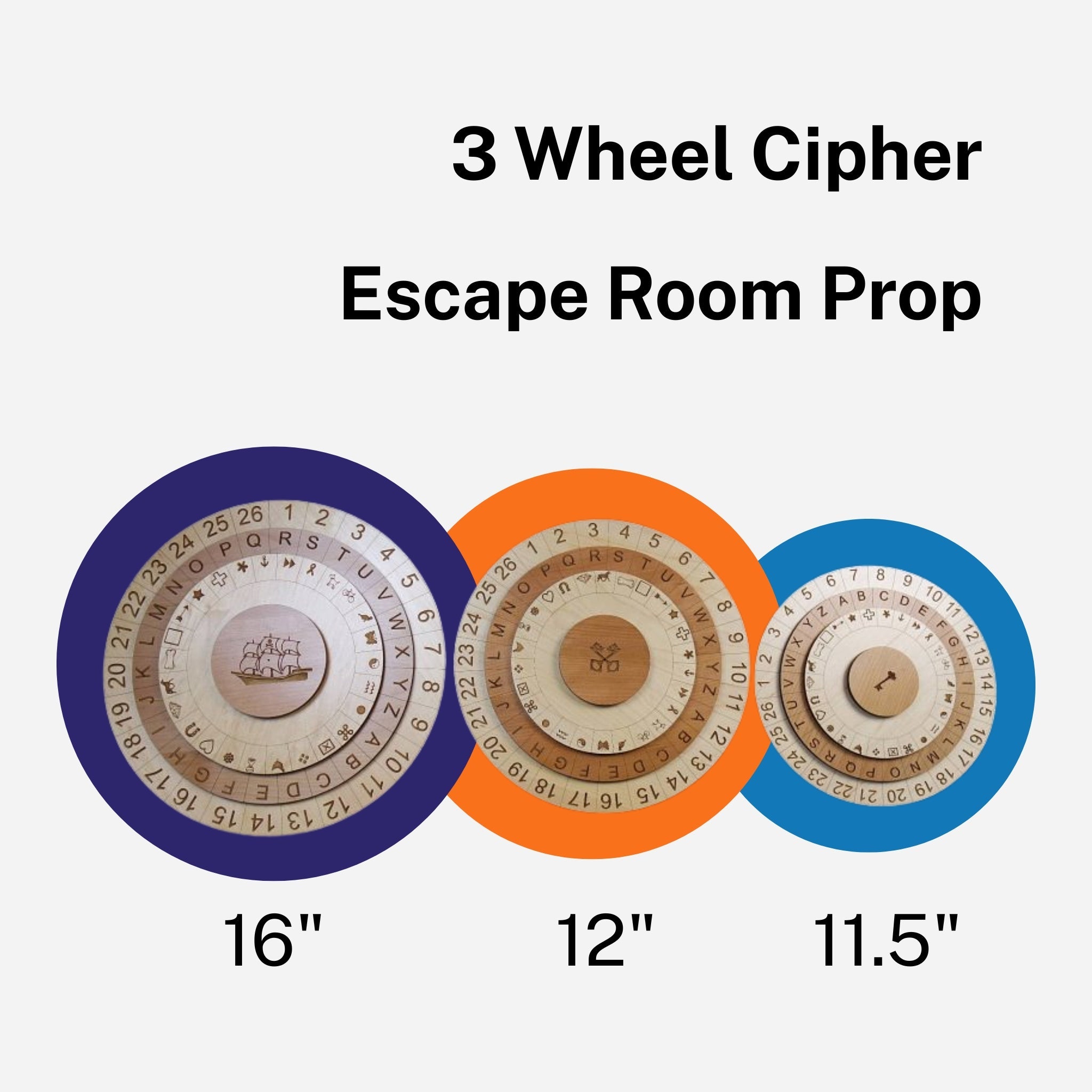 3 Wheel Cipher Wheel - Escape Room Prop (3 Sizes) - Creative