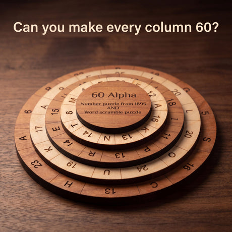 The 60 Alpha puzzle on a dark wood desk, its rings of engraved numbers and letters stacked around the center cap. Headline: Can you make every column 60?
