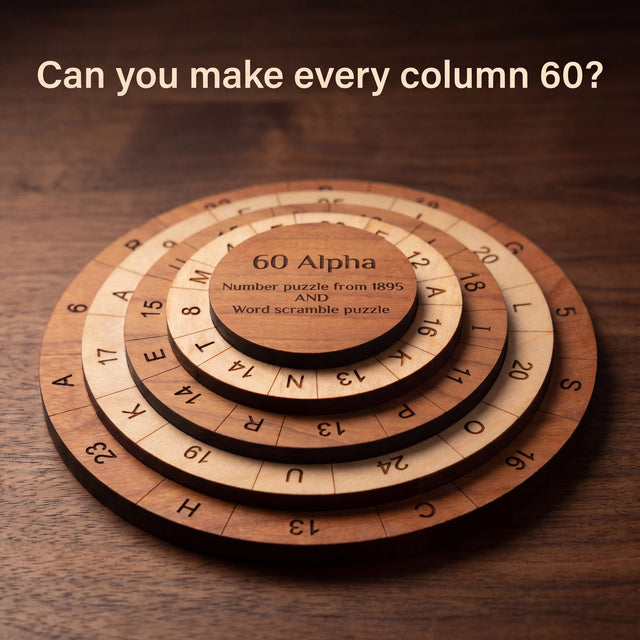 The 60 Alpha puzzle on a dark wood desk, its rings of engraved numbers and letters stacked around the center cap. Headline: Can you make every column 60?