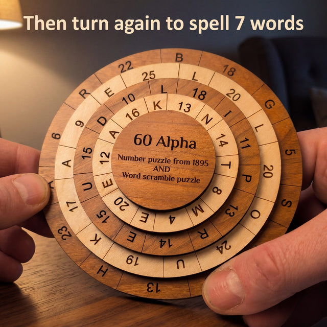 Two hands holding the 60 Alpha puzzle by lamplight, ready to turn the rings to spell words. Headline: Then turn again to spell 7 words.
