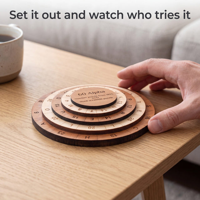 A hand reaching for the 60 Alpha puzzle on a living room table beside a coffee cup. Headline: Set it out and watch who tries it.