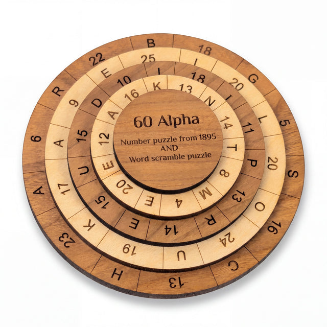 60 Alpha wooden math and word puzzle by Creative Crafthouse on white: an engraved cherry base and three stepped maple and cherry rings around a cherry center cap.