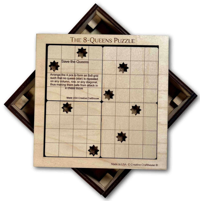 8 Queens Wood Puzzle - 4 Piece Logic Brain Teaser - Popular Puzzle for Chess Players - Creative Crafthouse