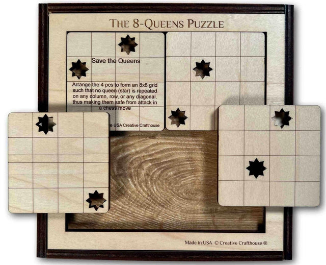 8 Queens Wood Puzzle - 4 Piece Logic Brain Teaser - Popular Puzzle for Chess Players - Creative Crafthouse