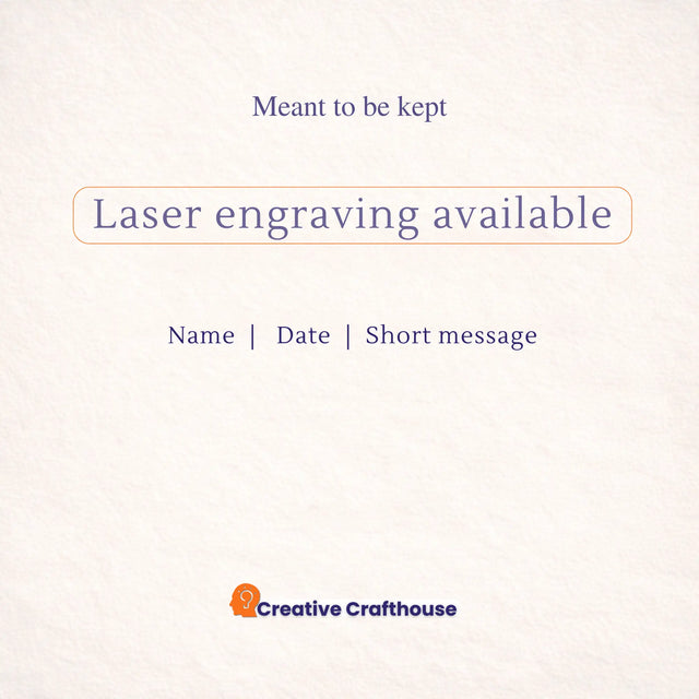 Graphic with text saying laser engraving options are available for names, dates, and messages on Creative Crafthouse puzzles.