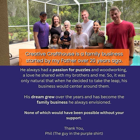 Brief history of Creative Crafthouse with a picture of the Janelle family.