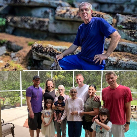 Top image: Dave Janelle , founder of Creative Crafthouse sitting on rocks with a blurred background. Bottom image: Janelle Family gathering by a pool.