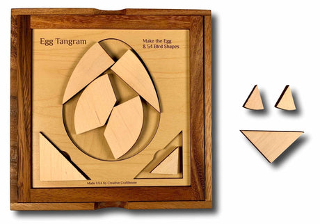 Handcrafted Dragon's Egg Tangram Puzzle made from premium maple wood, featuring intricate laser-cut pieces arranged in an egg shape.