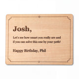 Wood Message Card by Creative Crafthouse, a 4 x 3 inch Baltic birch card laser engraved with a birthday message inside a stepped border, on a white background