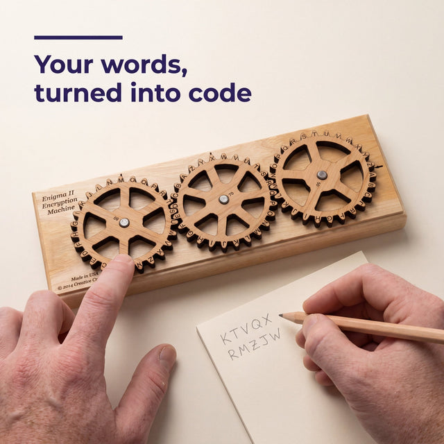 Hands turning a gear on the Enigma II Small and writing the coded letters on a notepad, with the headline Your words, turned into code.