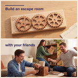 The Enigma II Small above three friends setting up a do it yourself escape room at home, headline Build an escape room with your friends.