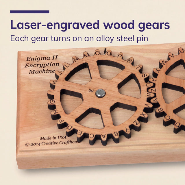 Close-up of a laser engraved Enigma II alphabet gear turning on its alloy steel pin above the engraved wood base.