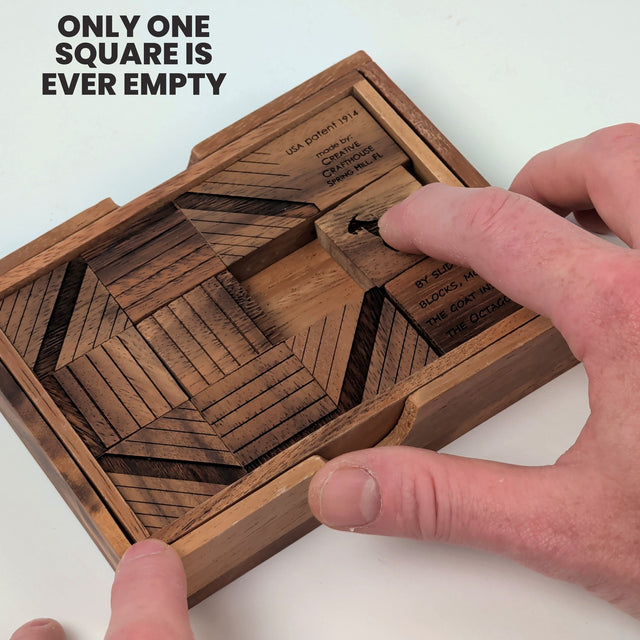 A finger pushing the goat block into the single empty square inside the Get My Goat tray. Headline: Only one square is ever empty.