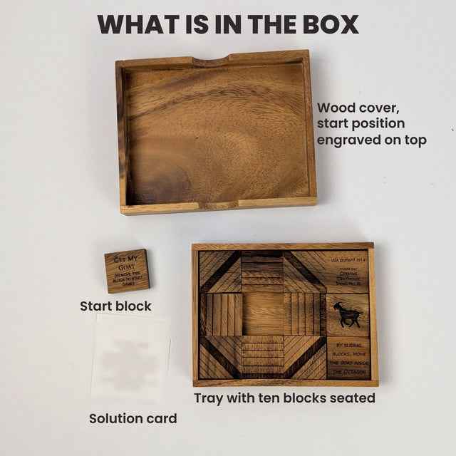 What is in the box: the Get My Goat wood cover, the engraved start block, a printed solution card and the raintree tray with ten blocks seated. Headline: What is in the box.