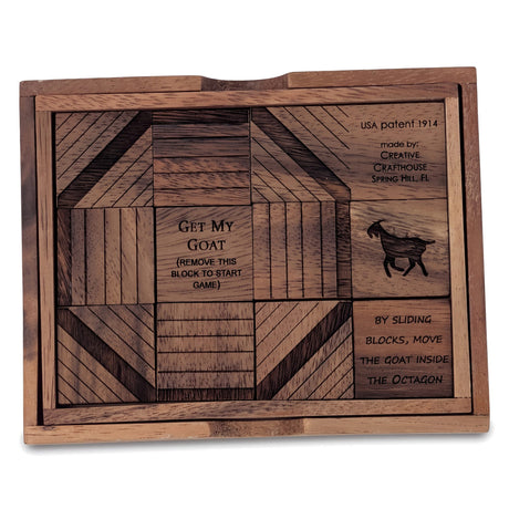 Get My Goat wooden sliding block puzzle by Creative Crafthouse on white: eleven raintree hardwood blocks in a four by three tray, one block twice as wide as the rest.