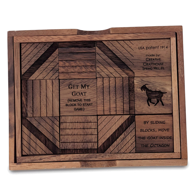 Get My Goat wooden sliding block puzzle by Creative Crafthouse on white: eleven raintree hardwood blocks in a four by three tray, one block twice as wide as the rest.