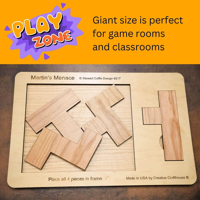 18" x 12" Giant Sized Wood Puzzle for Game Rooms | 4 Piece Wooden Brain Teaser | Perfect Man Cave Decor & Accessory | Jumbo Martin's Menace - Creative Crafthouse
